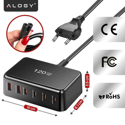 Spartusis sieninis įkroviklis, 6 prievadai, 2x USB, 4x USB-C, 120W PD QC GaN