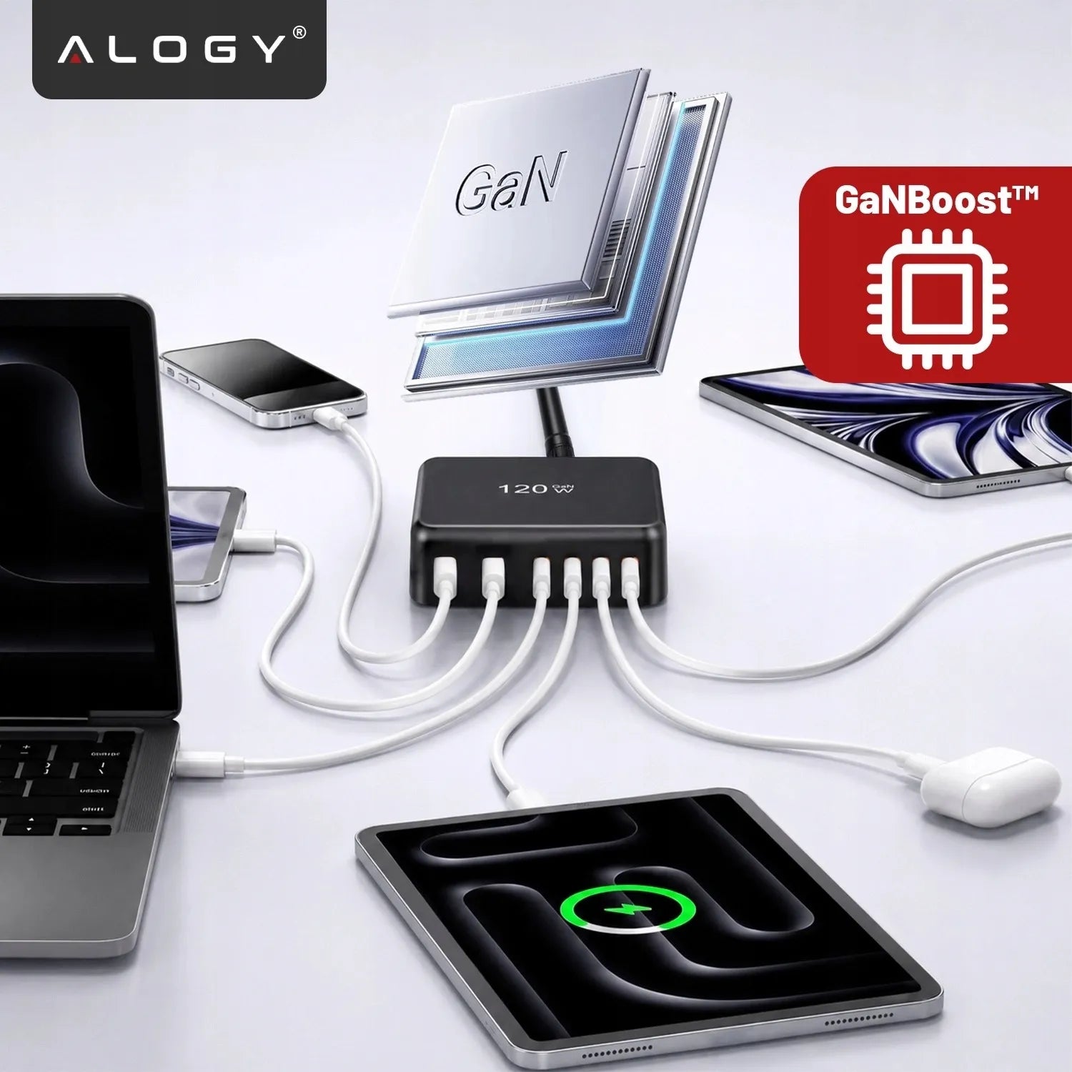 Spartusis sieninis įkroviklis, 6 prievadai, 2x USB, 4x USB-C, 120W PD QC GaN