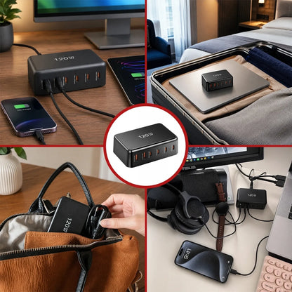 Spartusis sieninis įkroviklis, 6 prievadai, 2x USB, 4x USB-C, 120W PD QC GaN