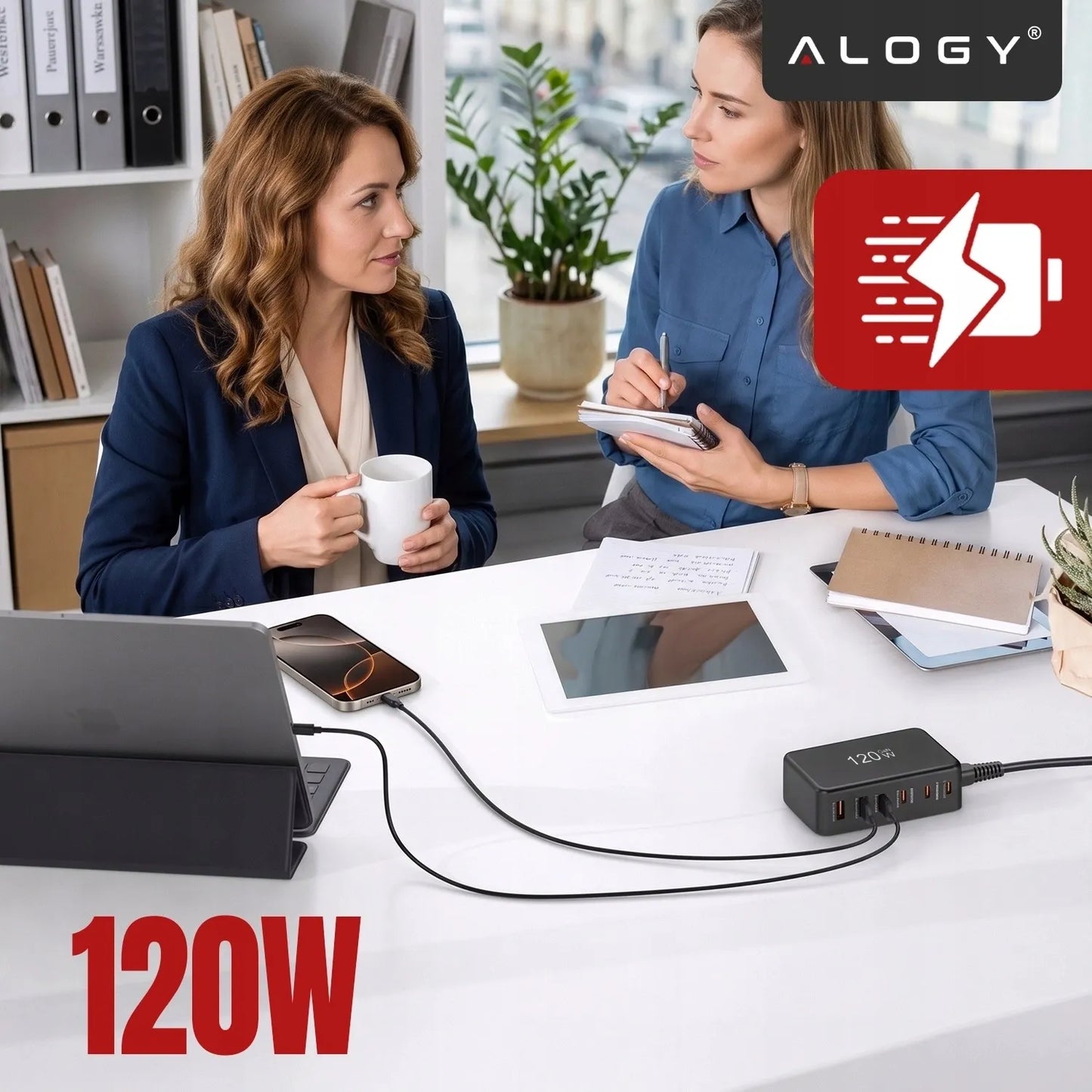 Spartusis sieninis įkroviklis, 6 prievadai, 2x USB, 4x USB-C, 120W PD QC GaN