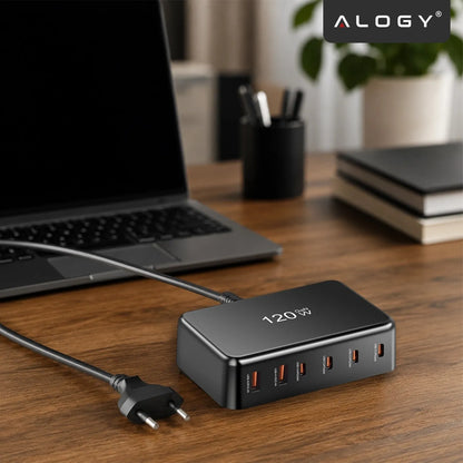 Spartusis sieninis įkroviklis, 6 prievadai, 2x USB, 4x USB-C, 120W PD QC GaN