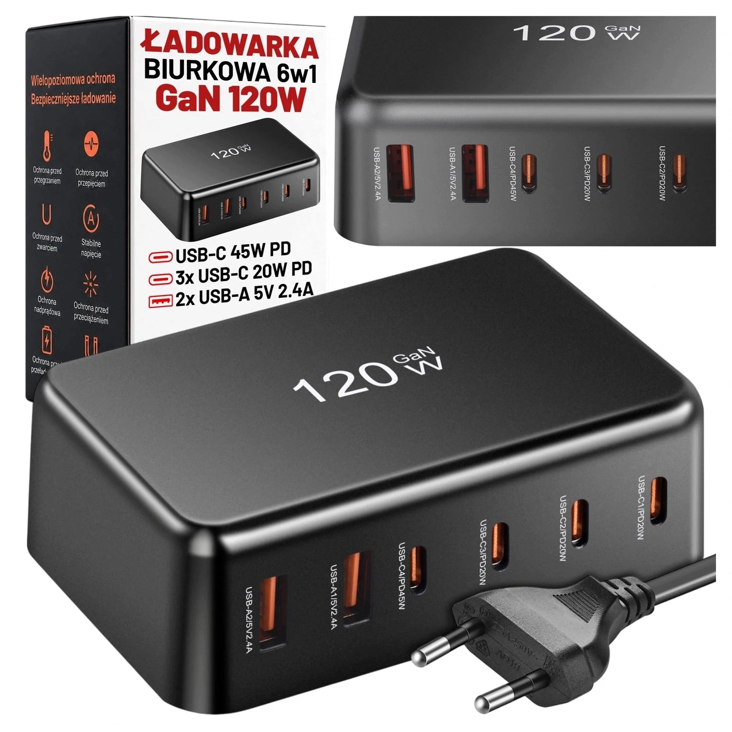 Spartusis sieninis įkroviklis, 6 prievadai, 2x USB, 4x USB-C, 120W PD QC GaN