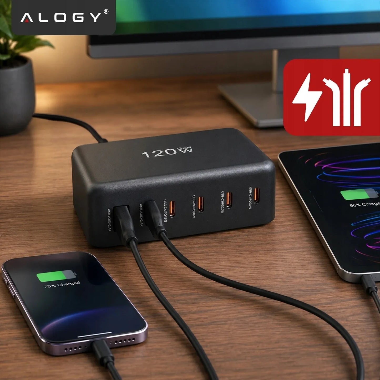Spartusis sieninis įkroviklis, 6 prievadai, 2x USB, 4x USB-C, 120W PD QC GaN