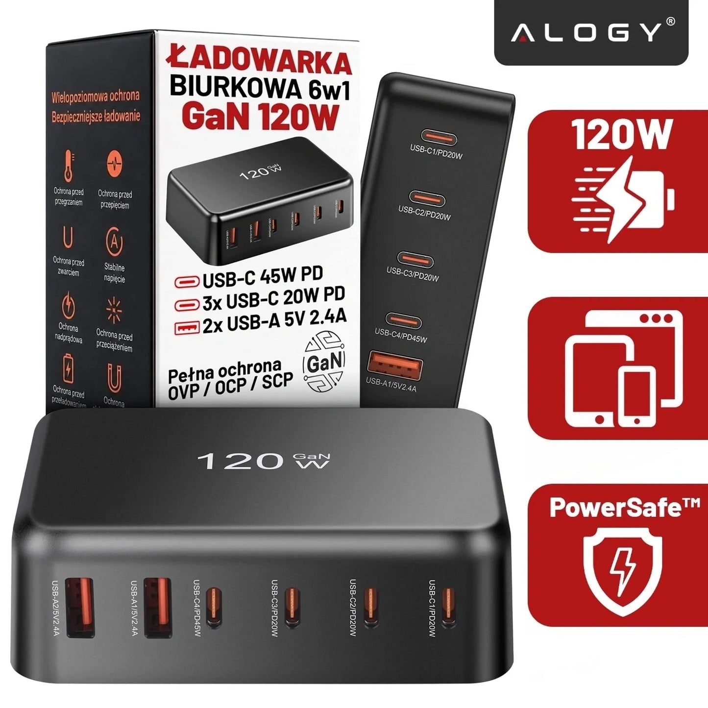 Spartusis sieninis įkroviklis, 6 prievadai, 2x USB, 4x USB-C, 120W PD QC GaN