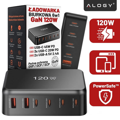 Spartusis sieninis įkroviklis, 6 prievadai, 2x USB, 4x USB-C, 120W PD QC GaN