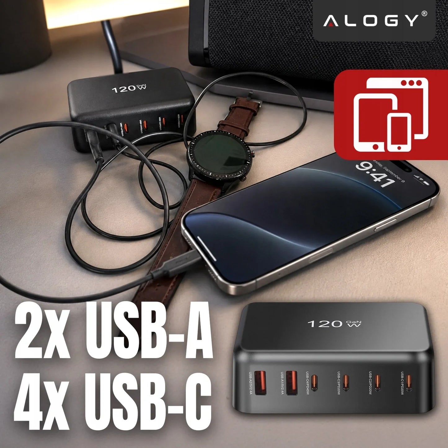 Spartusis sieninis įkroviklis, 6 prievadai, 2x USB, 4x USB-C, 120W PD QC GaN