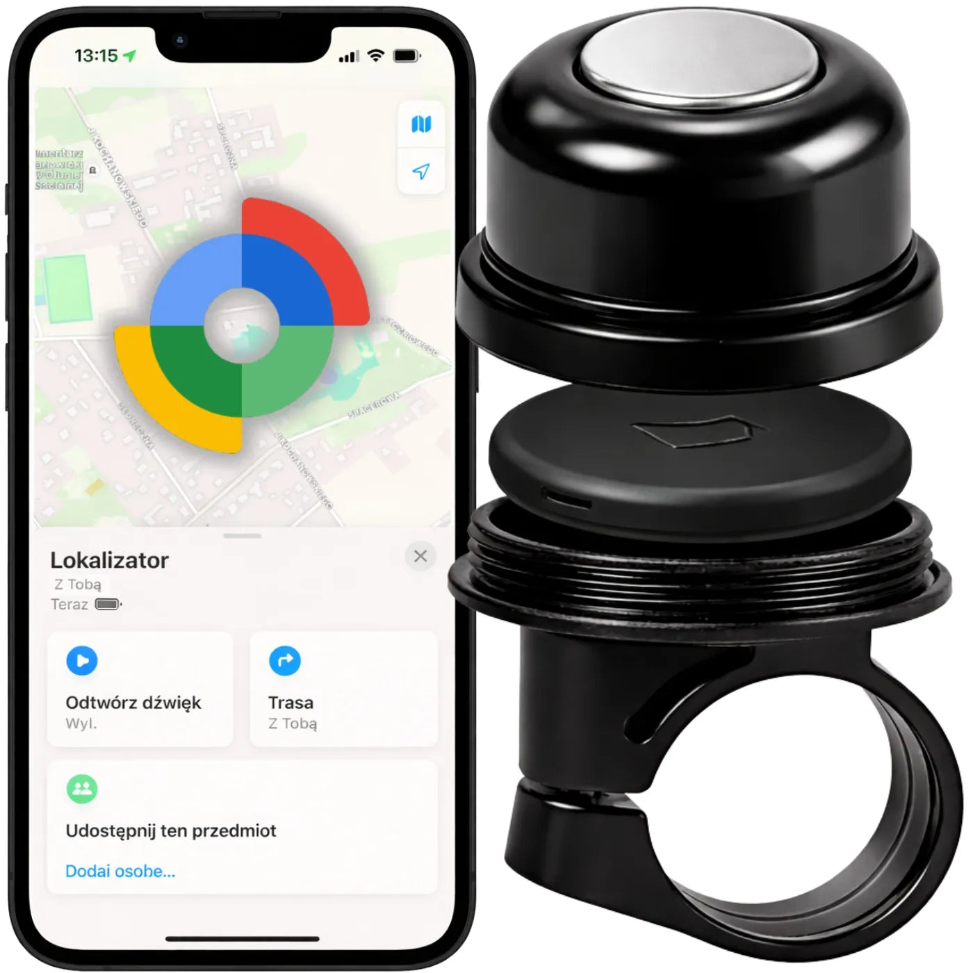 Spreest dviračio skambutis su Google Find Hub GPS lokatoriumi, Android Tag, ABB1 + F17