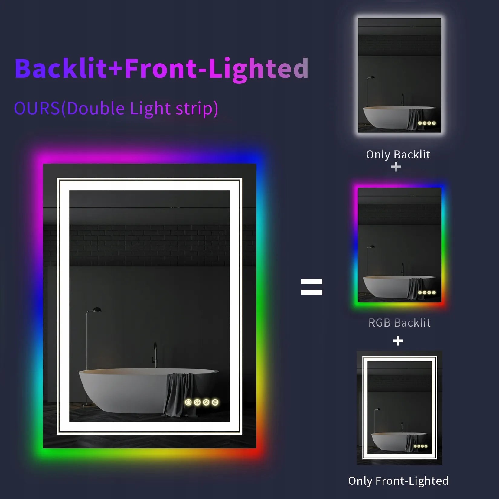 Stačiakampis LED vonios veidrodis su RGB apšvietimu 60x80cm