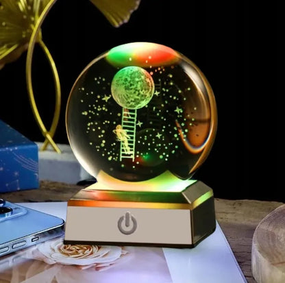 Stiklinė LED naktinė lempa ant stalo, dekoratyvinis 3D rutulys su kopėčių motyvu, dovana