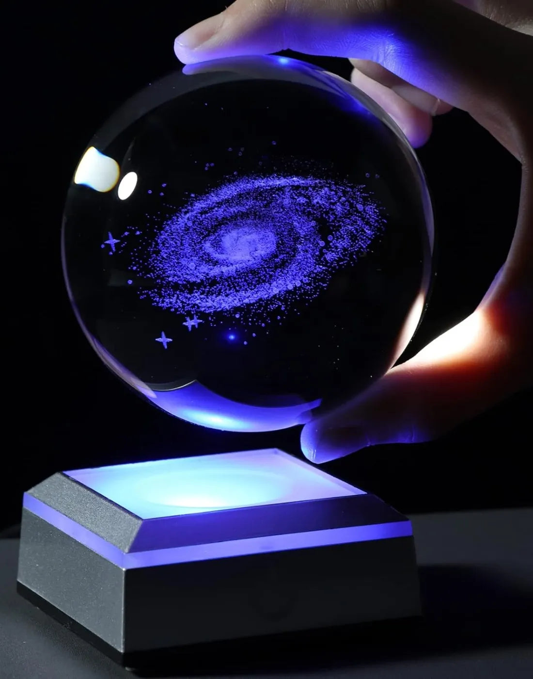 Stiklinė LED naktinė lempa ant stalo „Galaktika“ 3D, su dovanų pakuote