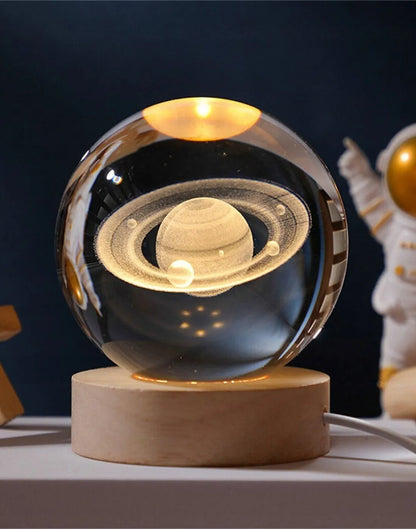 Stiklinis rutulys naktinė lempa ant stalo LED dekoratyvinė 3D Saturnas