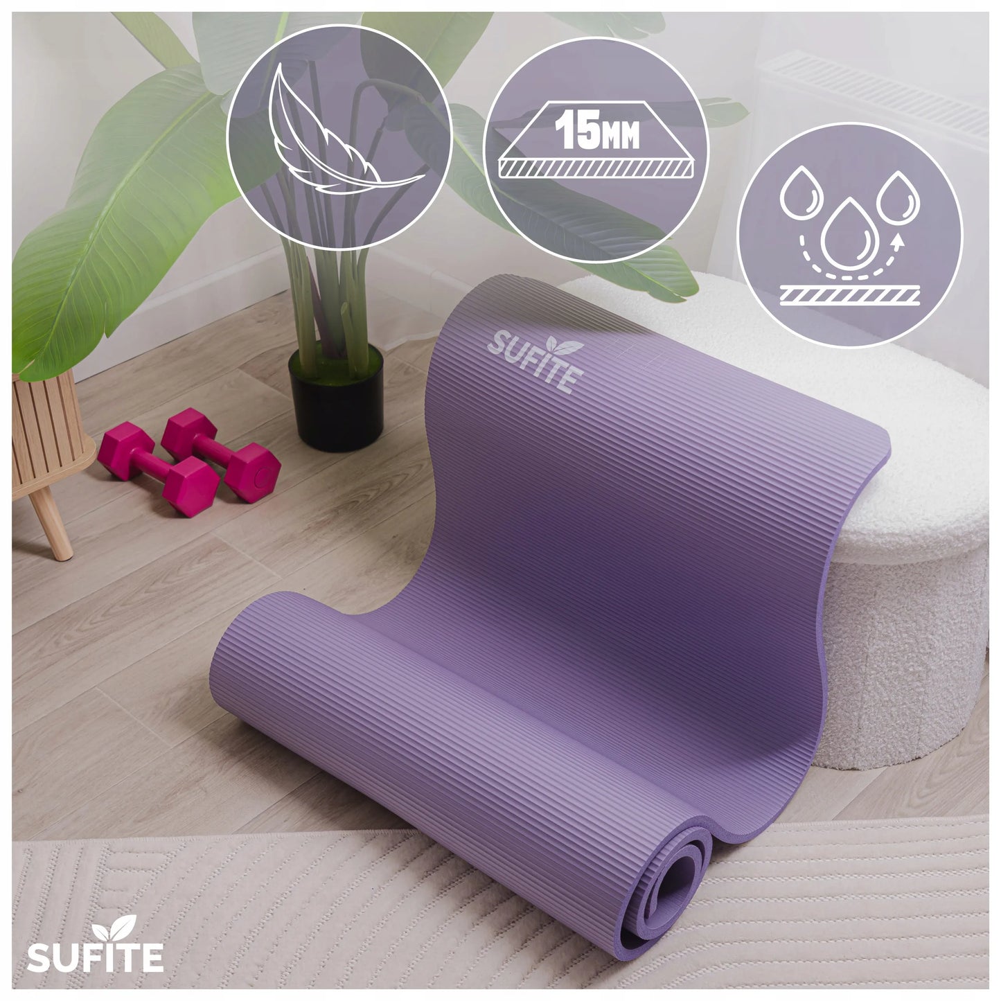 SUFITE jogos ir fitneso mankštos kilimėlis, stora NBR puta 1,5 cm, violetinis