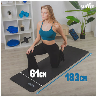 SUFITE mankštos kilimėlis, juodas, storas NBR 1,5 cm, jogai ir fitnesui su laikikliu