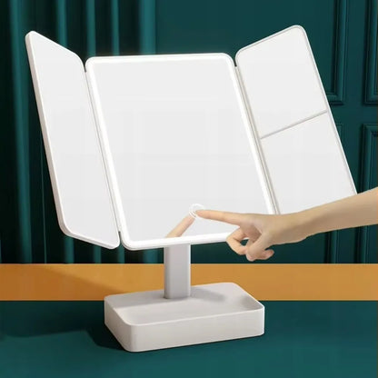Sulankstomas kosmetinis makiažo veidrodis su LED apšvietimu ir didinimu, baltas