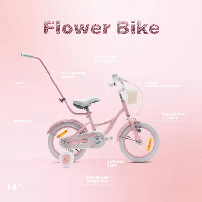Sun Baby Flower Bike 14 coli vaikiškas dviratis mergaitėms su krepšeliu ir pagalbiniais ratukais 3-5 metams