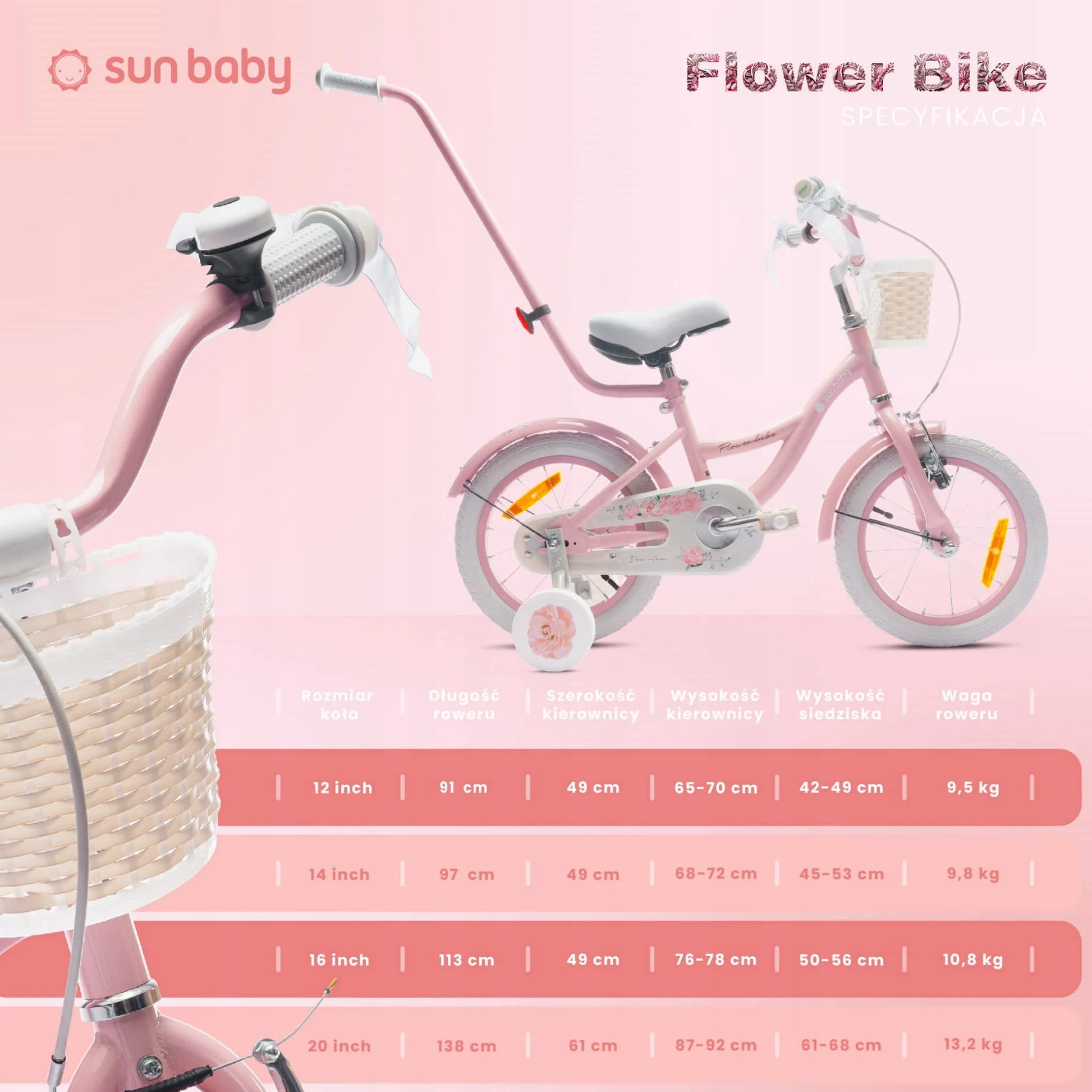 Sun Baby Flower Bike 14 coli vaikiškas dviratis mergaitėms su krepšeliu ir pagalbiniais ratukais 3-5 metams