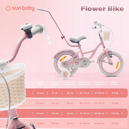 Sun Baby Flower Bike 14 coli vaikiškas dviratis mergaitėms su krepšeliu ir pagalbiniais ratukais 3-5 metams
