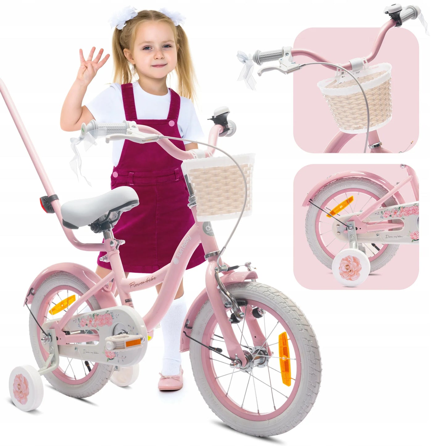 Sun Baby Flower Bike 14 coli vaikiškas dviratis mergaitėms su krepšeliu ir pagalbiniais ratukais 3-5 metams