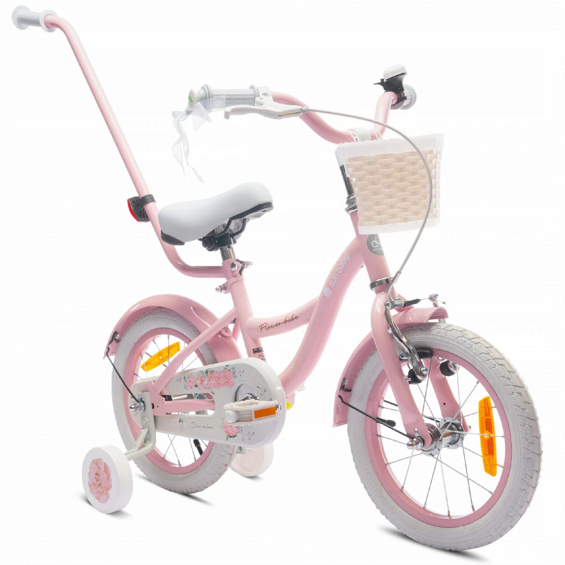 Sun Baby Flower Bike 14 coli vaikiškas dviratis mergaitėms su krepšeliu ir pagalbiniais ratukais 3-5 metams