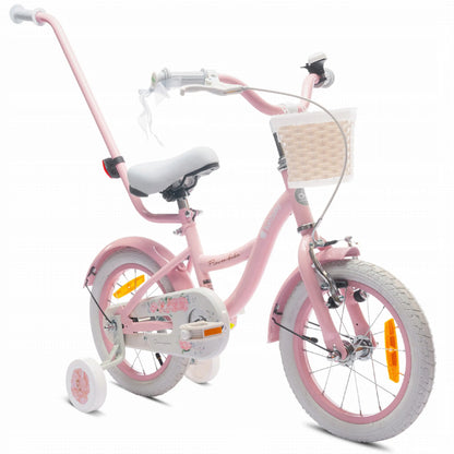 Sun Baby Flower Bike 14 coli vaikiškas dviratis mergaitėms su krepšeliu ir pagalbiniais ratukais 3-5 metams