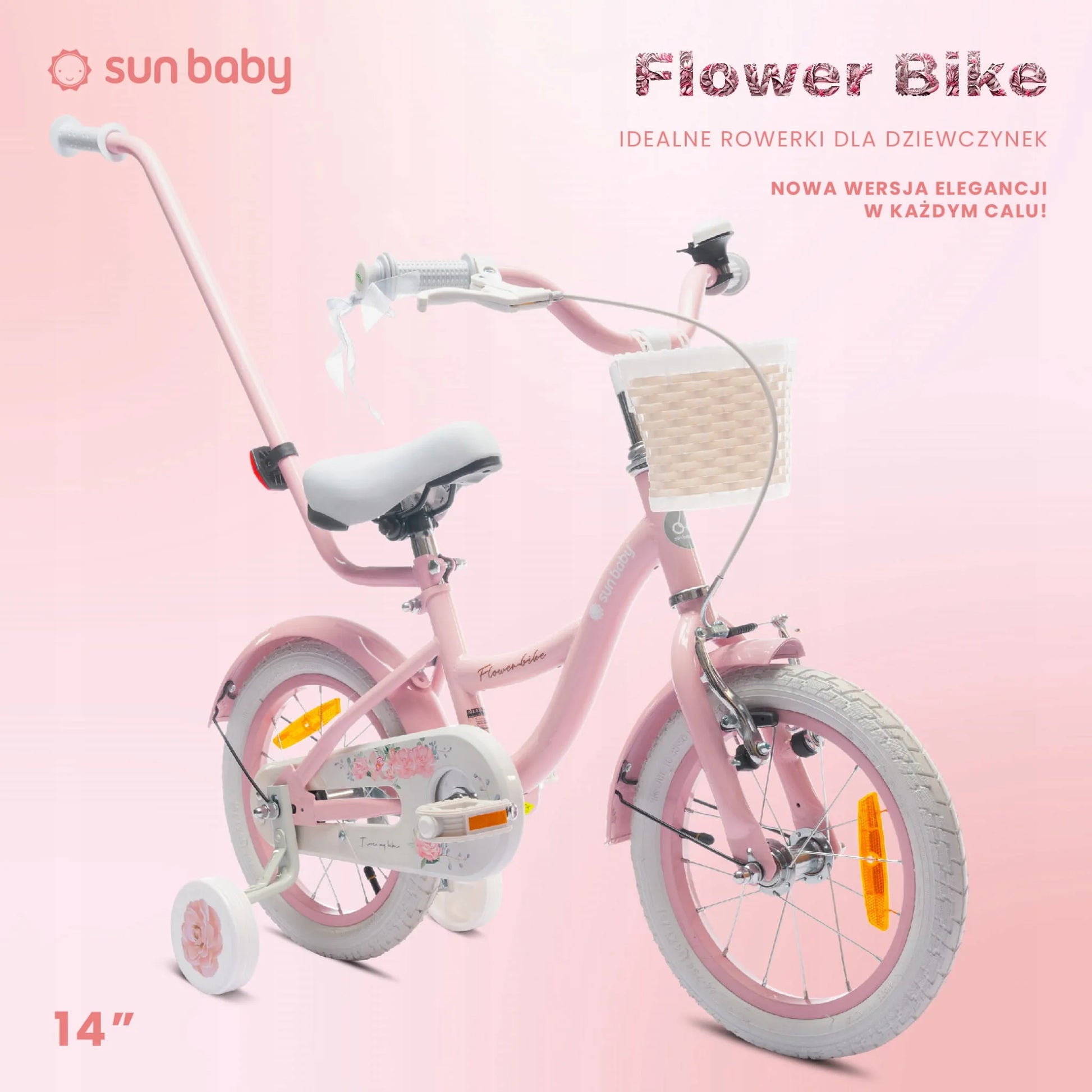 Sun Baby Flower Bike 14 coli vaikiškas dviratis mergaitėms su krepšeliu ir pagalbiniais ratukais 3-5 metams