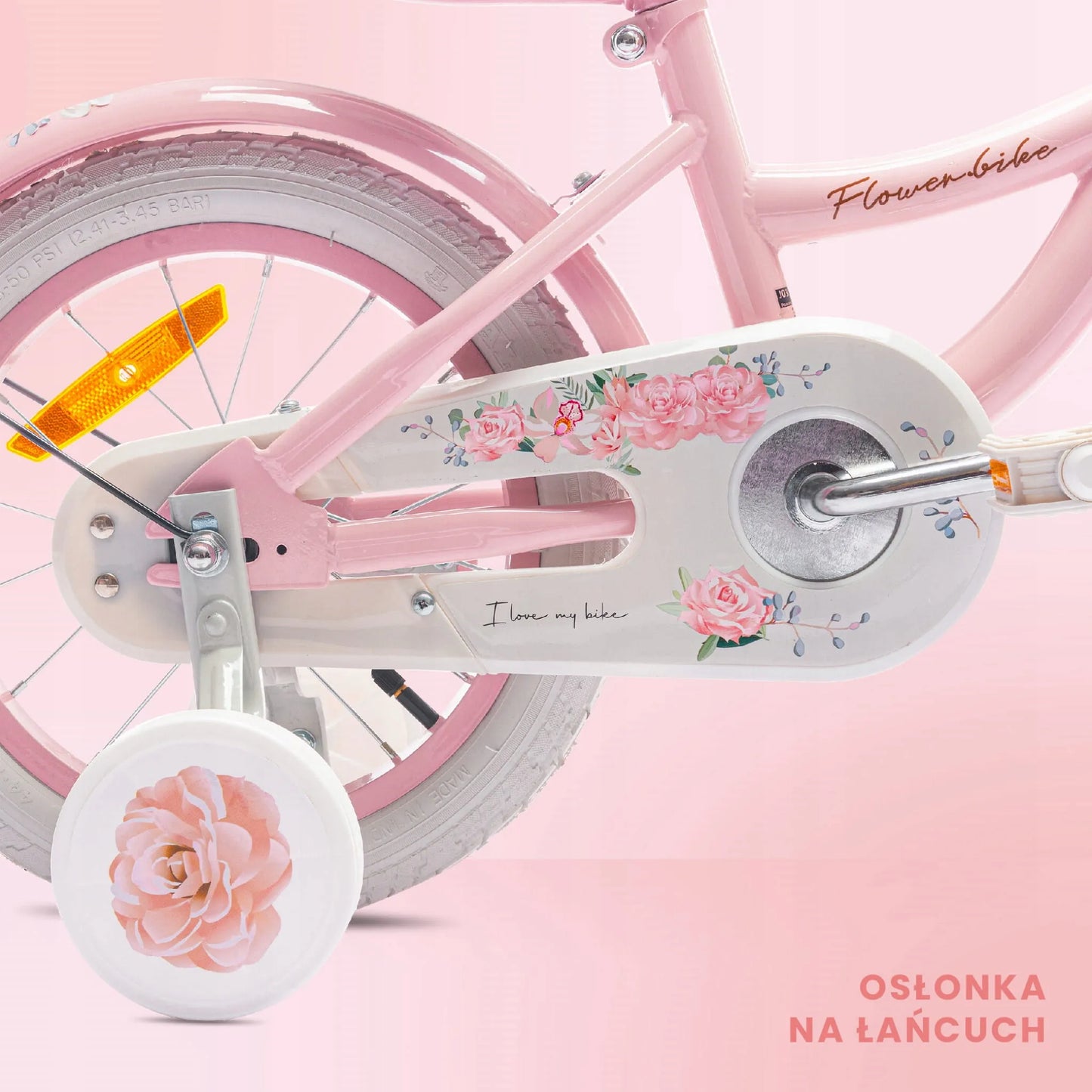 Sun Baby Flower Bike 14 coli vaikiškas dviratis mergaitėms su krepšeliu ir pagalbiniais ratukais 3-5 metams
