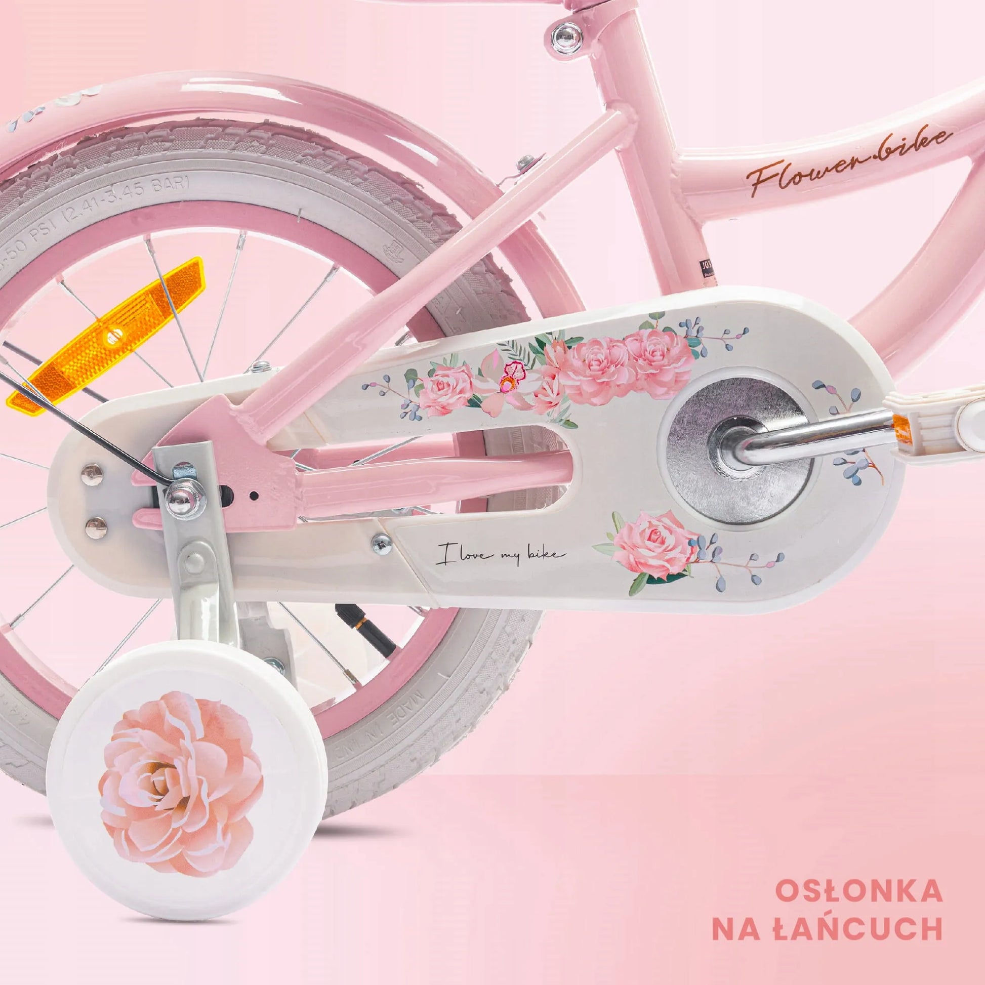 Sun Baby Flower Bike 14 coli vaikiškas dviratis mergaitėms su krepšeliu ir pagalbiniais ratukais 3-5 metams
