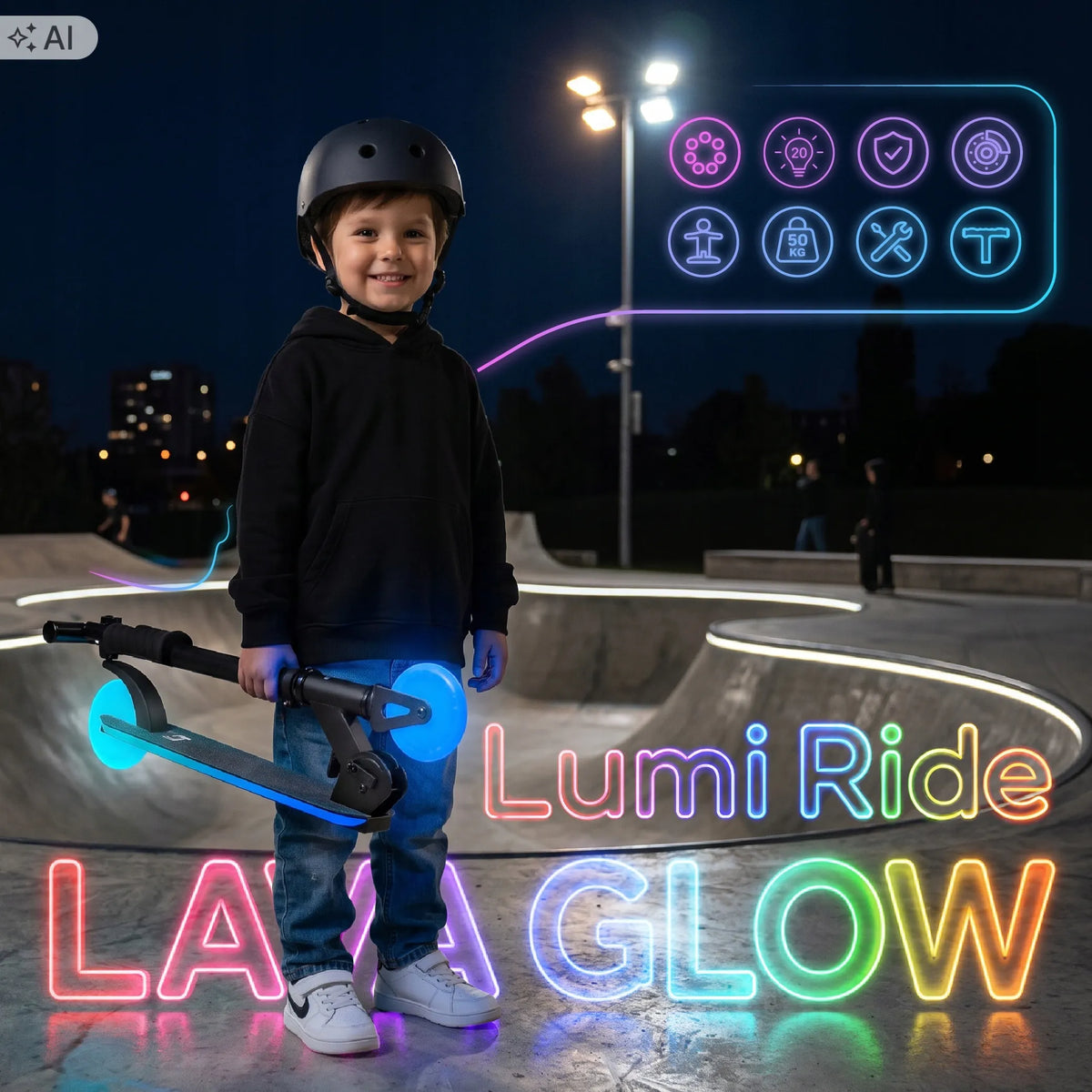 Sun Baby Lumiride juodas sulankstomas dviejų ratų vaikiškas paspirtukas su LED apšvietimu