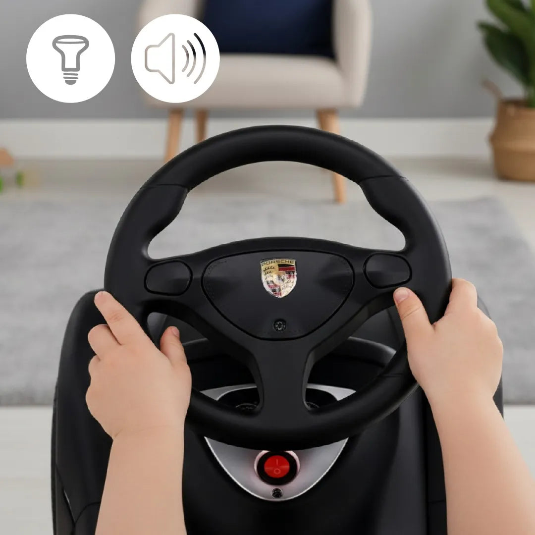 „Sun Baby“ „Porsche Carrera GT“ vaikiškas paspiriamas automobilis su šviesomis, juodas