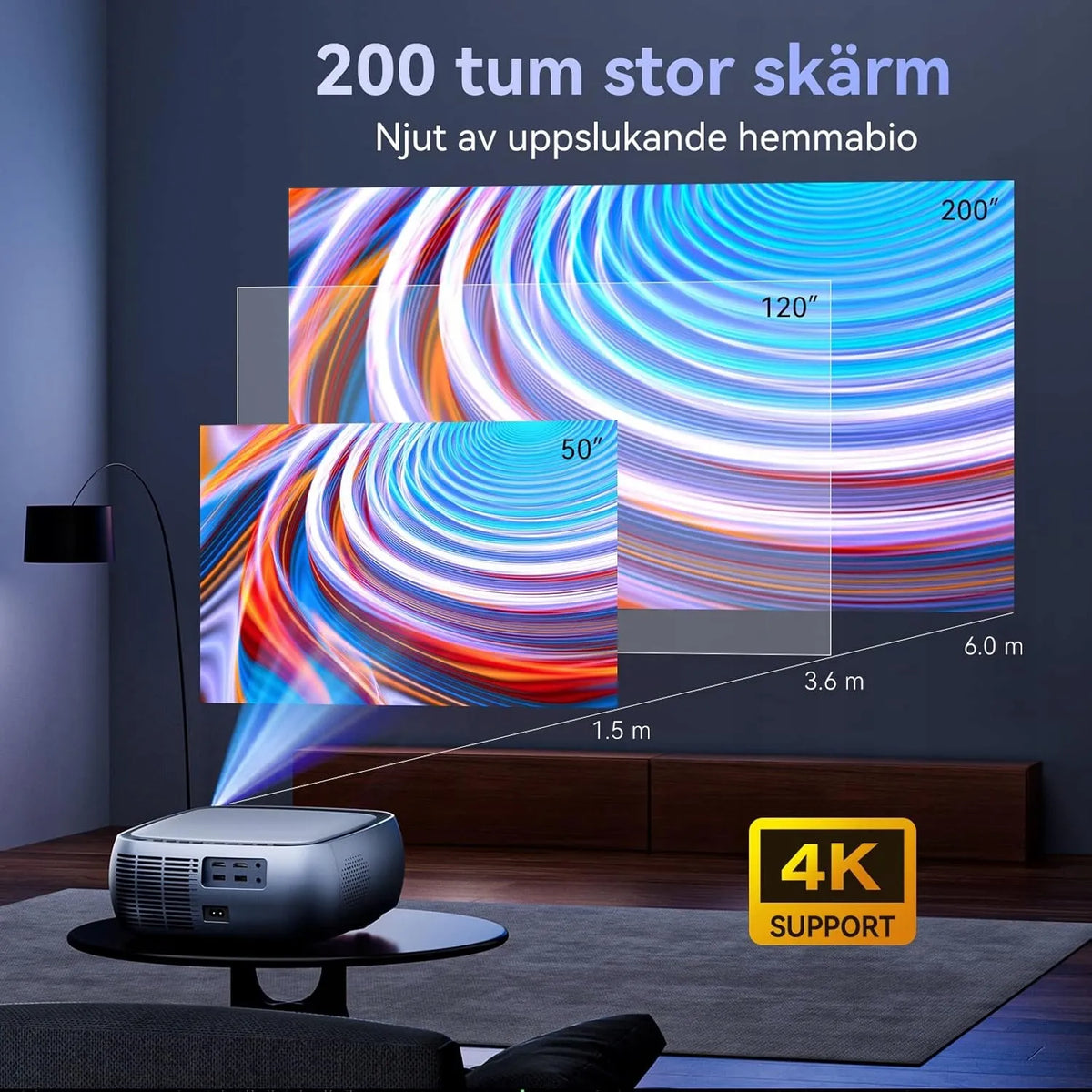 „SUREWHEEL K10“ LED projektorius su „Wi-Fi“, „Full HD“ raiška, 4K palaikymu, iki 220 colių vaizdu