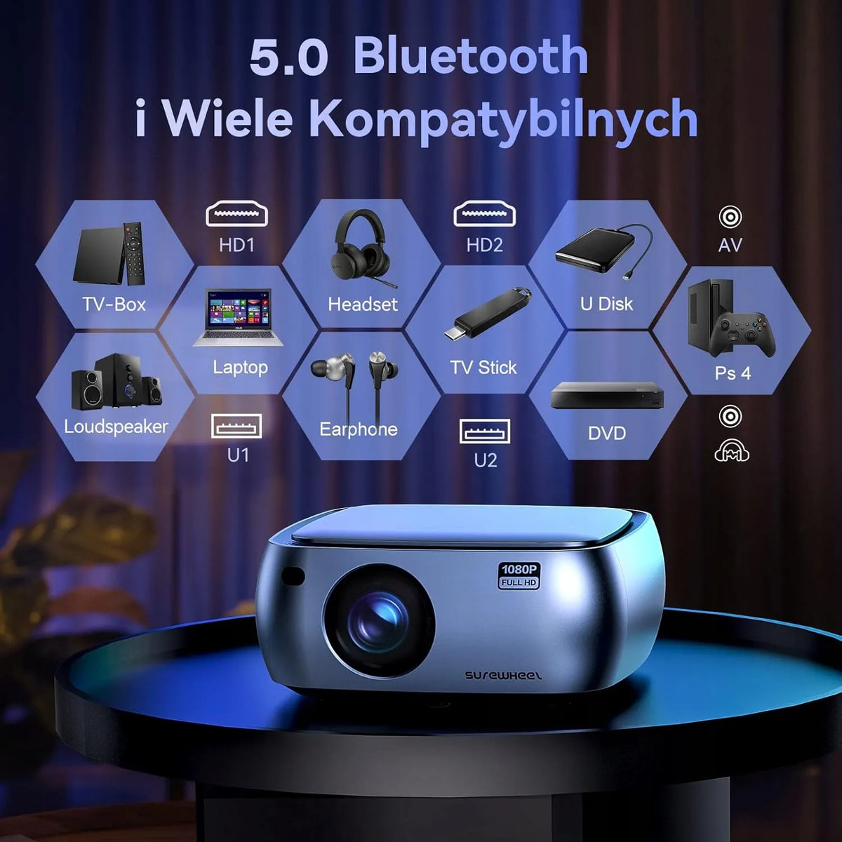 „SUREWHEEL K10“ LED projektorius su „Wi-Fi“, „Full HD“ raiška, 4K palaikymu, iki 220 colių vaizdu