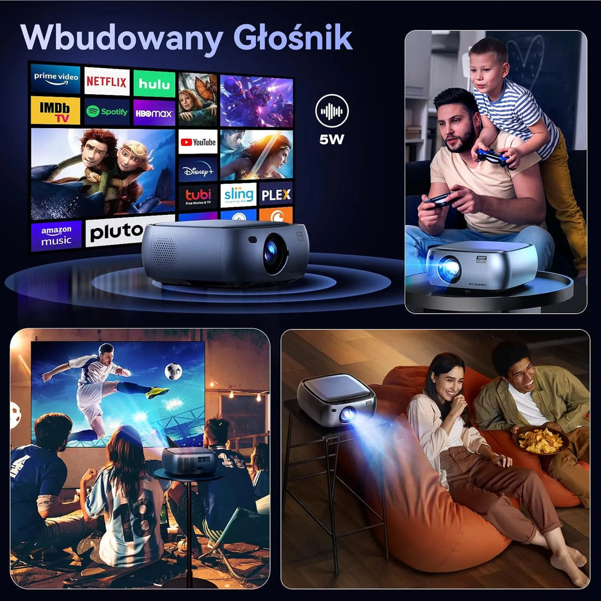 „SUREWHEEL K10“ LED projektorius su „Wi-Fi“, „Full HD“ raiška, 4K palaikymu, iki 220 colių vaizdu
