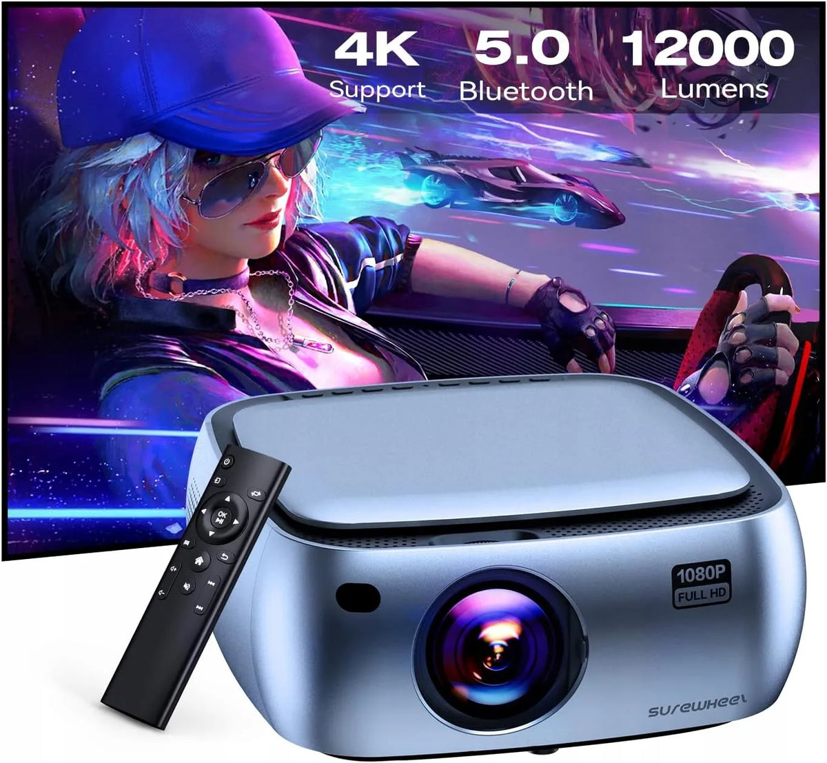„SUREWHEEL K10“ LED projektorius su „Wi-Fi“, „Full HD“ raiška, 4K palaikymu, iki 220 colių vaizdu