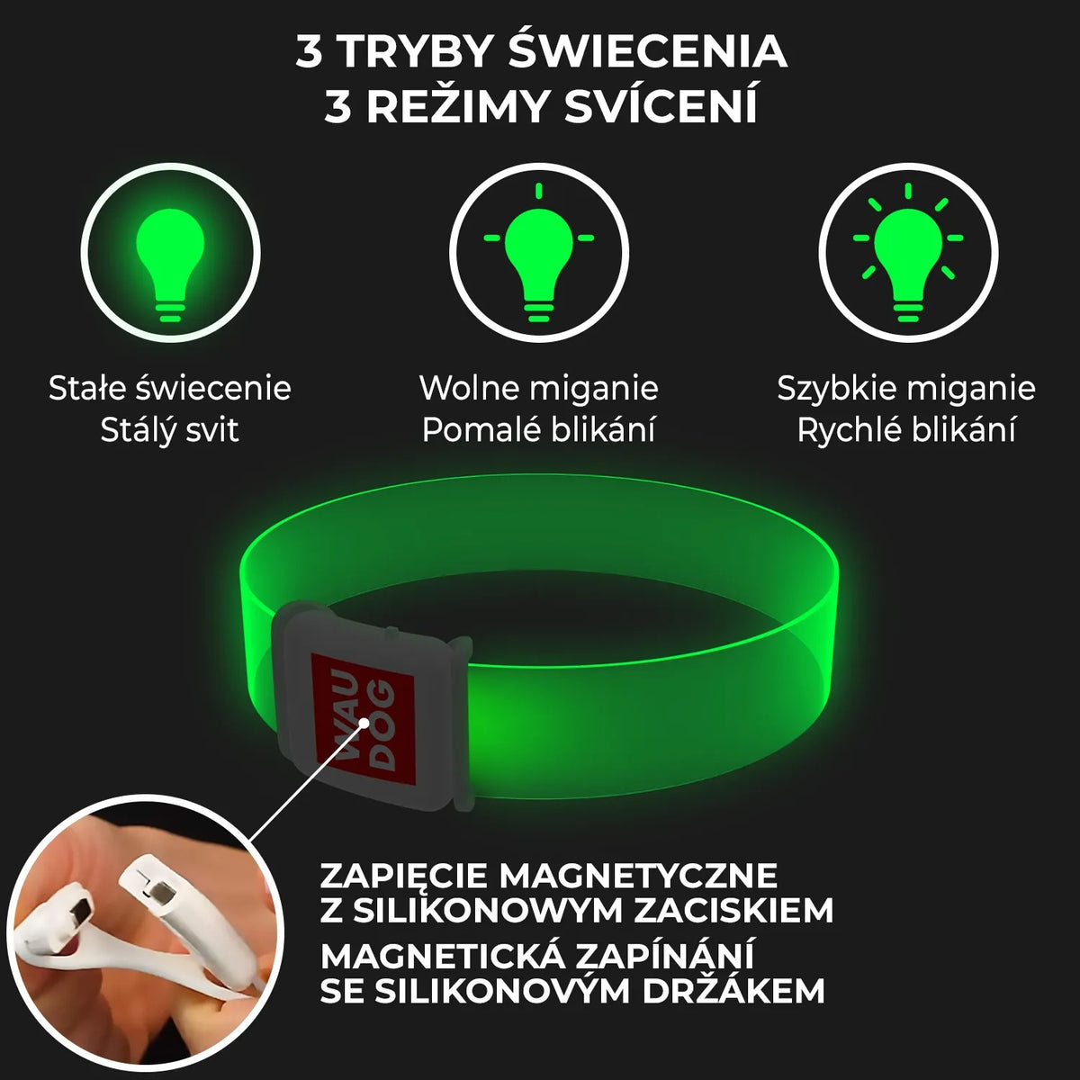 Šviečiantis šuns antkaklis WAUDOG LED, magnetinis užsegimas, 60 cm