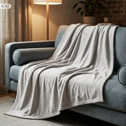 Šviesiai pilkas minkštas šiltas flisinis pledas, lovos užklotas, 150 × 200 cm