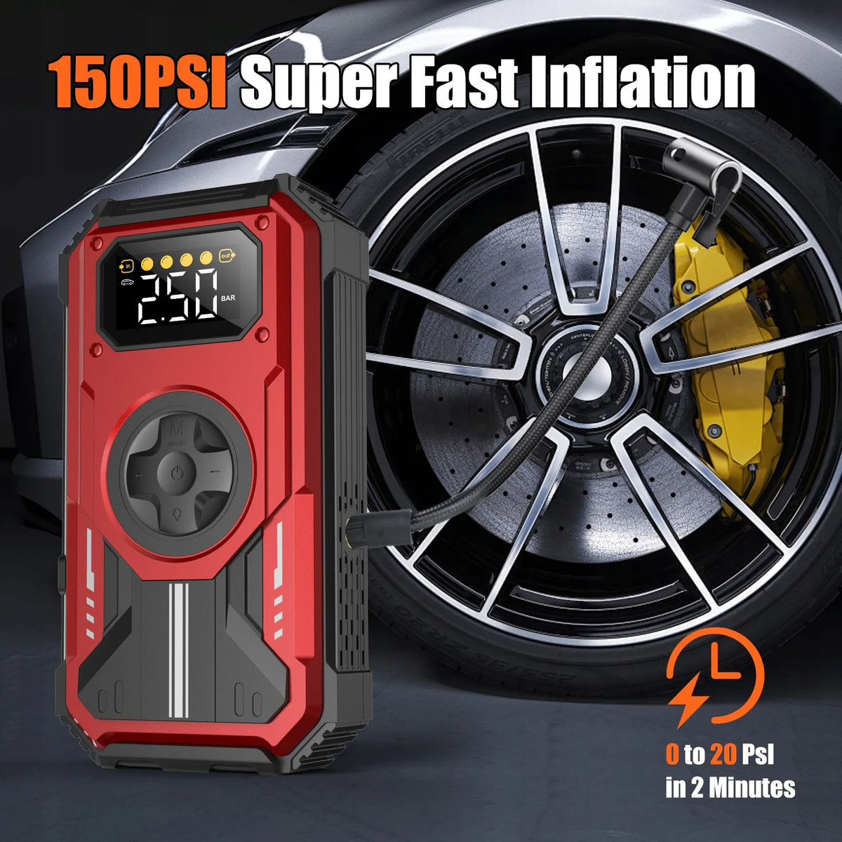 „Swarey“ PD-270 išorinė baterija 12 000 mAh su automobiliniu starteriu ir 150 PSI kompresoriumi, 6000 A
