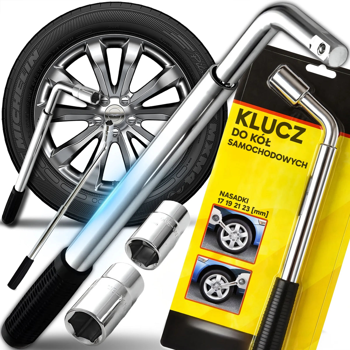 TELESKOPINIS AUTOMOBILIO RATŲ RAKTAS SU GALVUTĖMIS 17, 19, 21, 23 mm, 1/2″, TVIRTAS