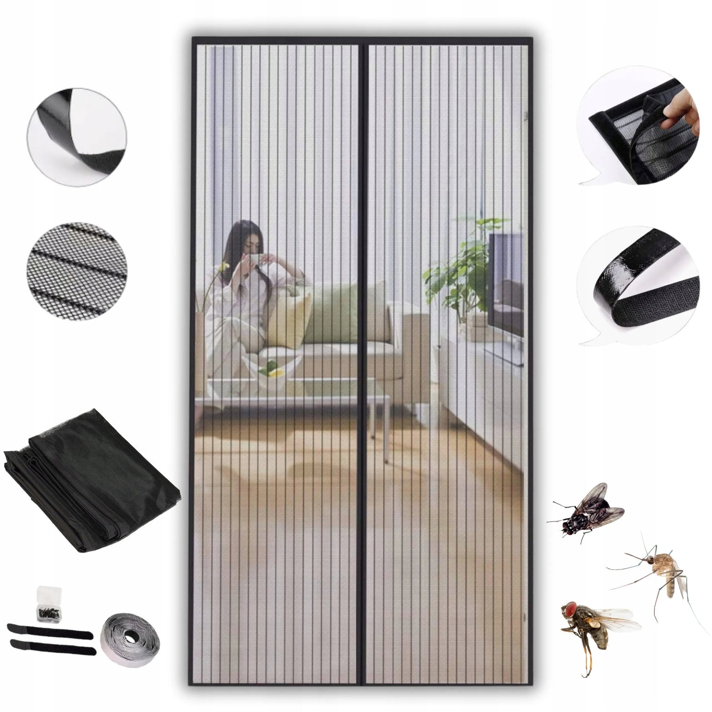 Tinklelis nuo vabzdžių balkoninėms terasinėms durims, užuolaida, didelis, juodas, 90x230 cm