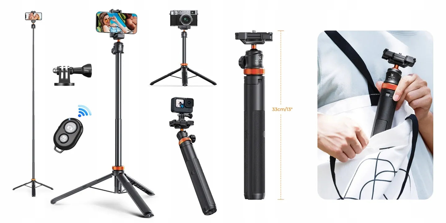Trikojis stovas K&F Concept 2w1 Selfie Stick telefonui, kamerai, DJI, GoPro su nuotolinio valdymo pulteliu