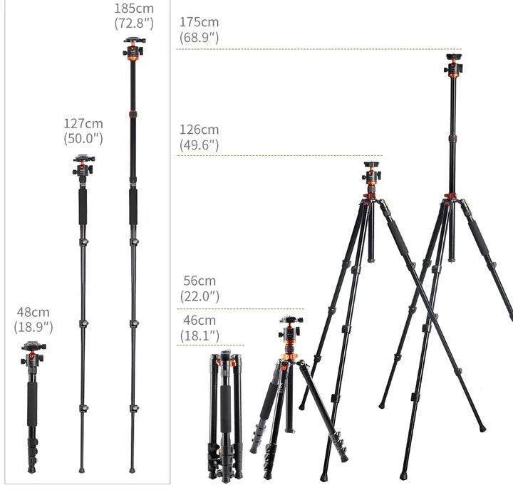 TRIKOJO STOVAS FOTOAPARATUI K&F CONCEPT SA254M2 MONOPODAS 175CM GALVUTĖ 10kg