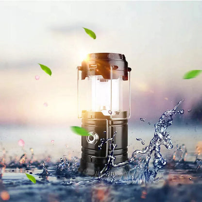 Turistinė akumuliatorinė kempingo saulės energijos LED lempa, sulankstoma, su powerbank funkcija