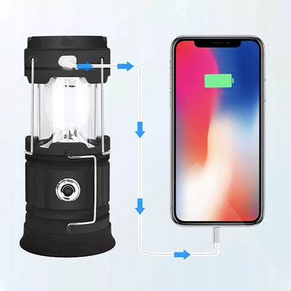 Turistinė akumuliatorinė kempingo saulės energijos LED lempa, sulankstoma, su powerbank funkcija