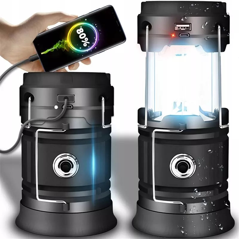 Turistinė akumuliatorinė kempingo saulės energijos LED lempa, sulankstoma, su powerbank funkcija