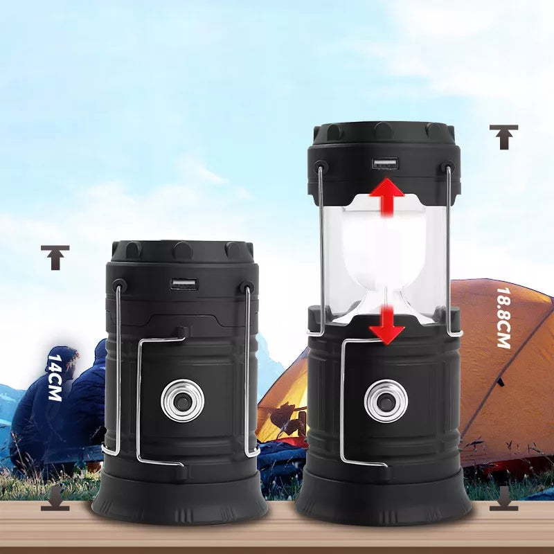 Turistinė akumuliatorinė kempingo saulės energijos LED lempa, sulankstoma, su powerbank funkcija