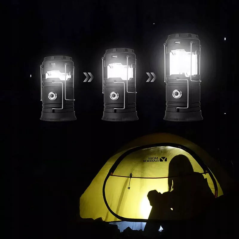 Turistinė akumuliatorinė kempingo saulės energijos LED lempa, sulankstoma, su powerbank funkcija