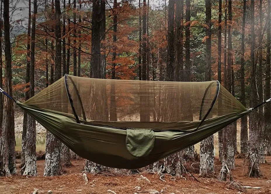 Turistinis hamakas su tinkleliu nuo uodų, pakabinama palapinė medžiui, survival 260cm 750g