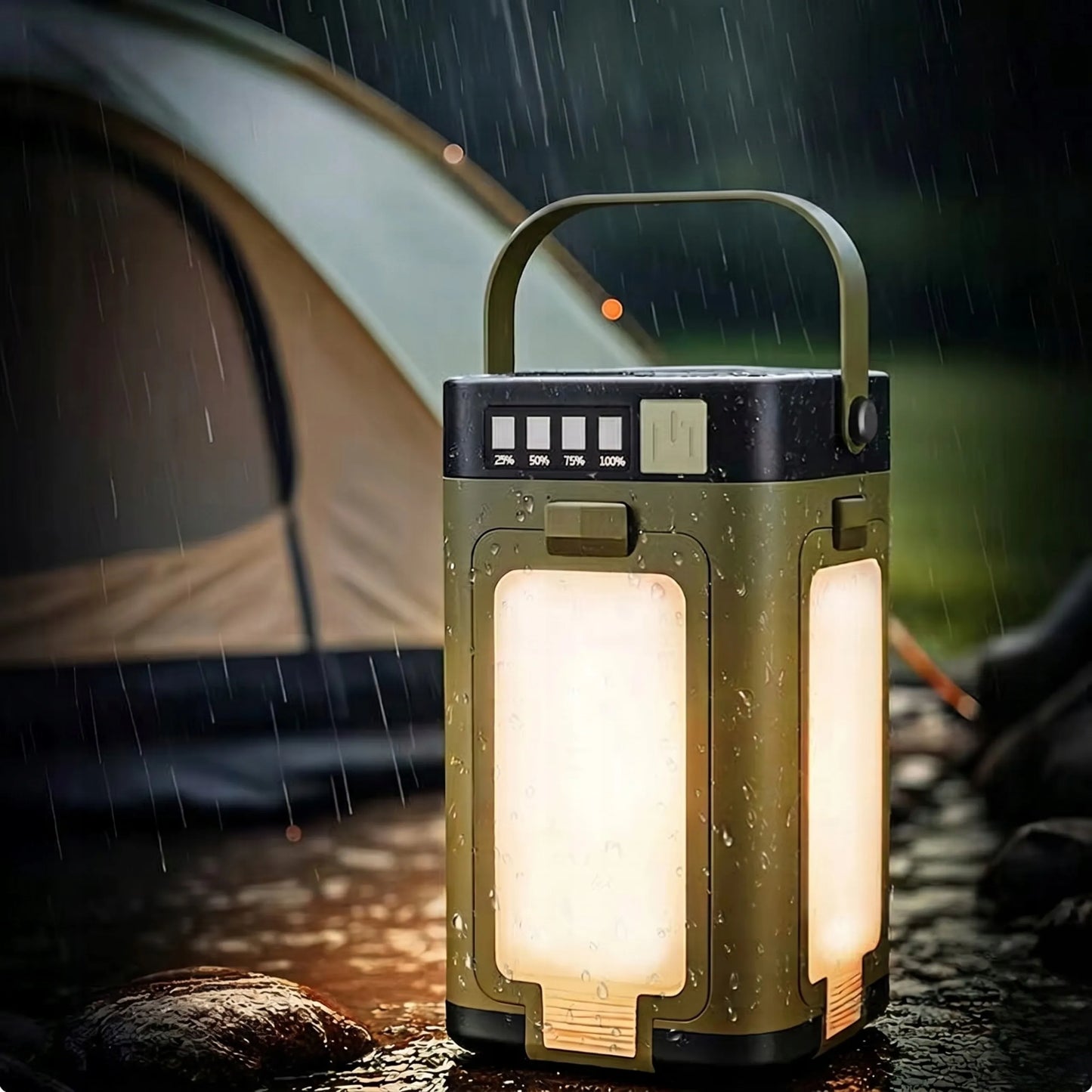 Turistinis LED saulės kempingo žibintas galingas USB-C sulankstomas vandeniui atsparus