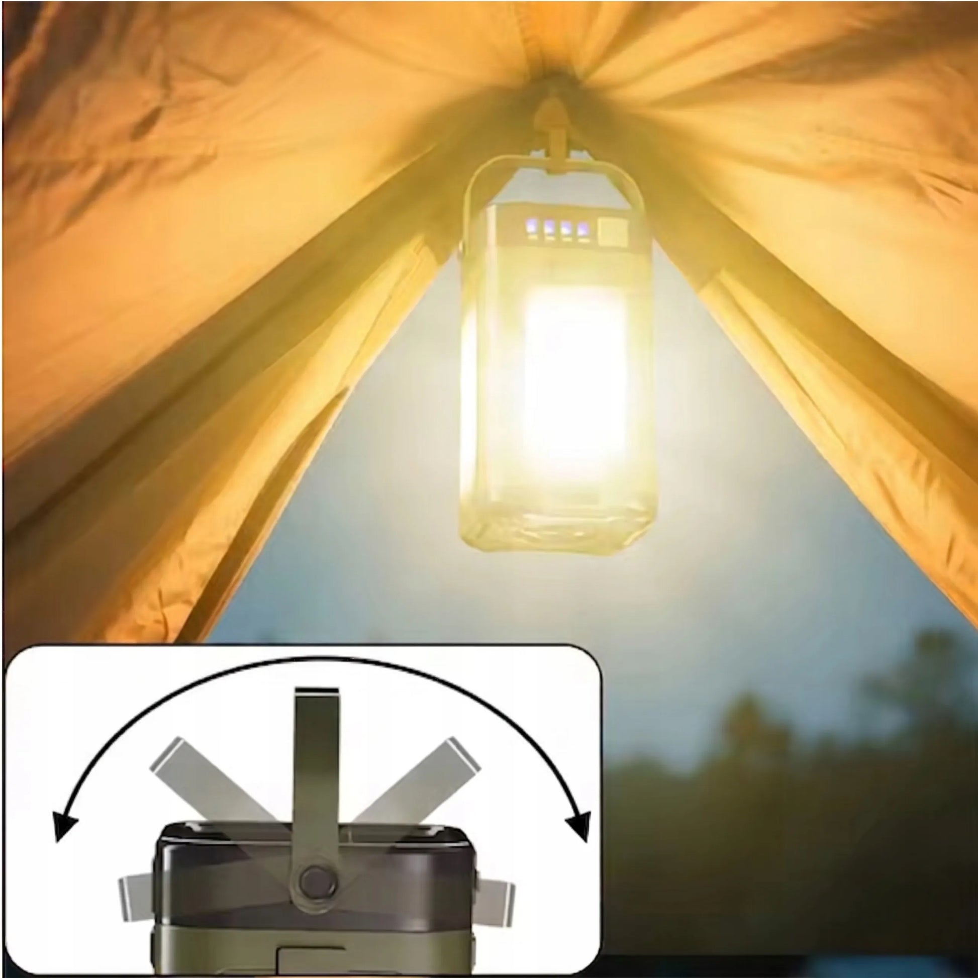 Turistinis LED saulės kempingo žibintas galingas USB-C sulankstomas vandeniui atsparus