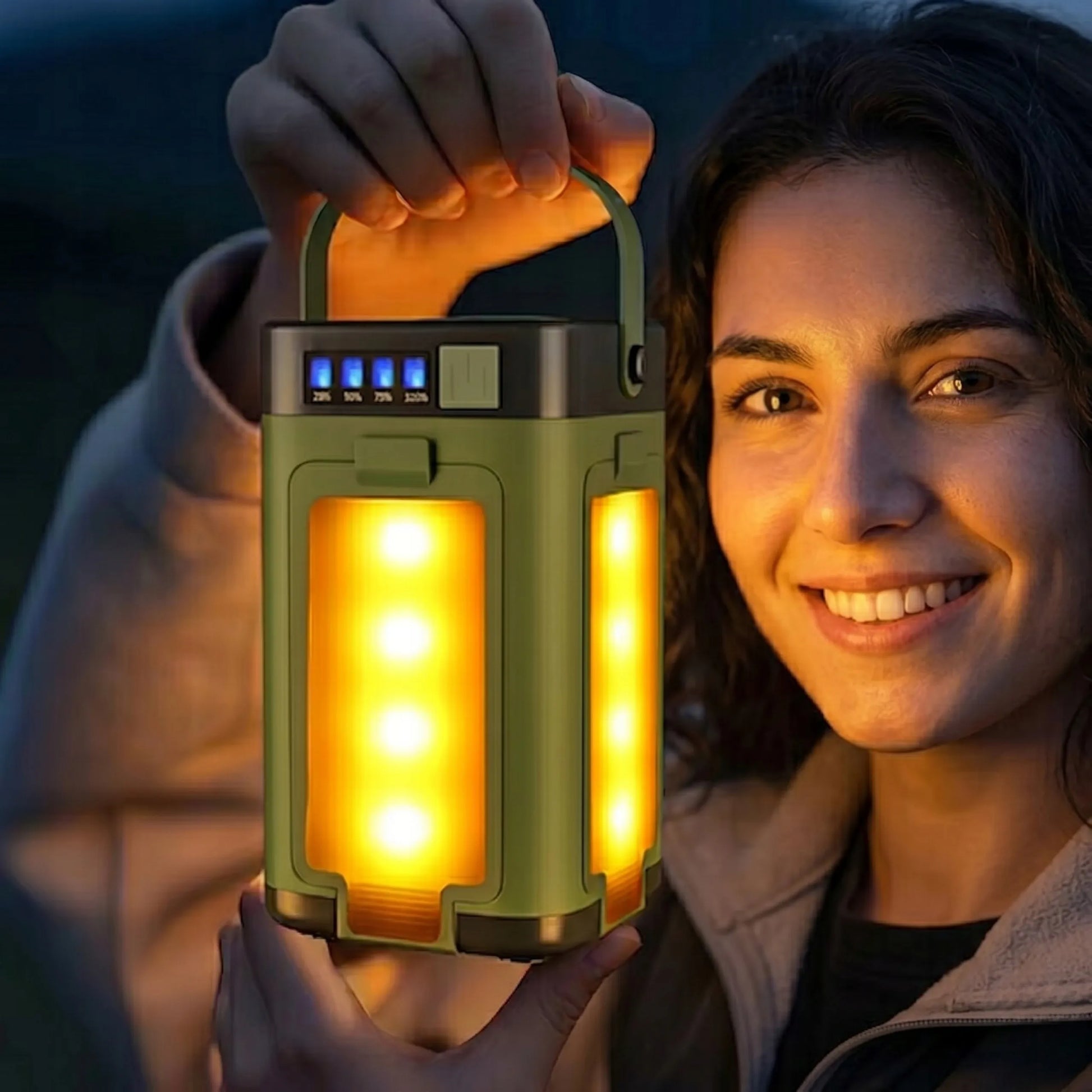 Turistinis LED saulės kempingo žibintas galingas USB-C sulankstomas vandeniui atsparus
