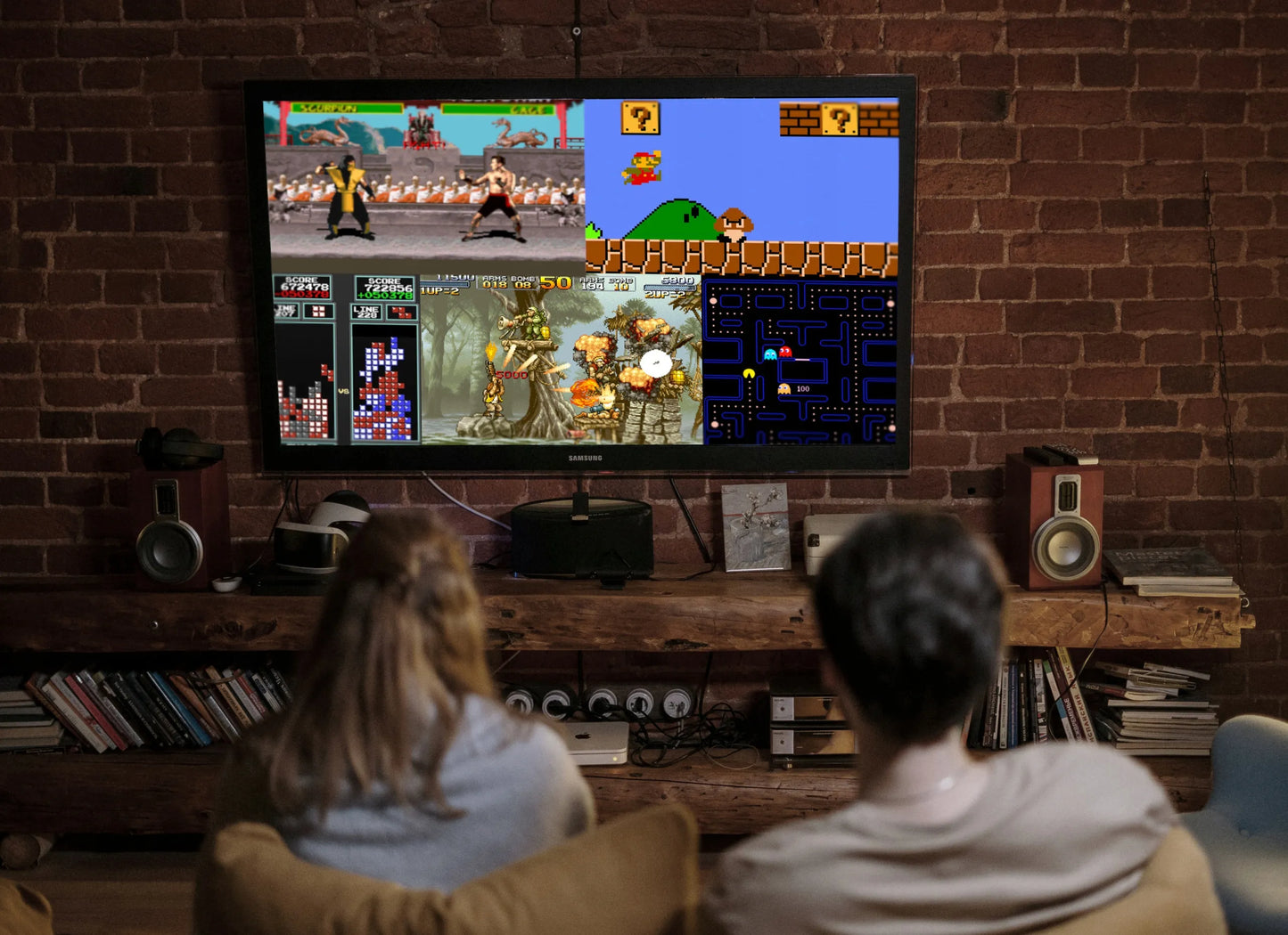 TV mini retro žaidimų konsolė HDMI belaidė su dviem pulteliais 2073 žaidimai